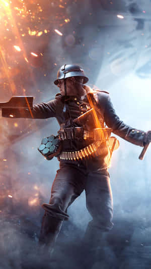 身穿第一次世界大戰軍服的士兵在煙霧和火焰中開火。