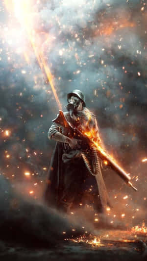 士兵在煙霧和火花的戰場上發射步槍。