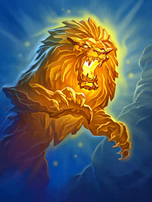 一頭金色獅子，眼睛發光，對著帶有光線的藍色背景咆哮。