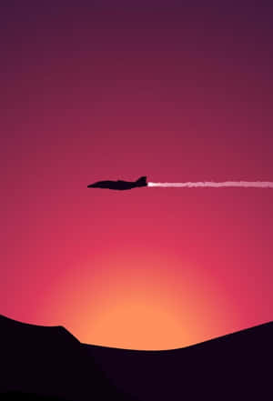 噴射機在日落時飛越山脈，留下一道白色煙跡。 — 日落天空 壁紙