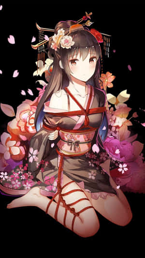 動漫女孩穿著和服被櫻花環繞在黑暗背景上