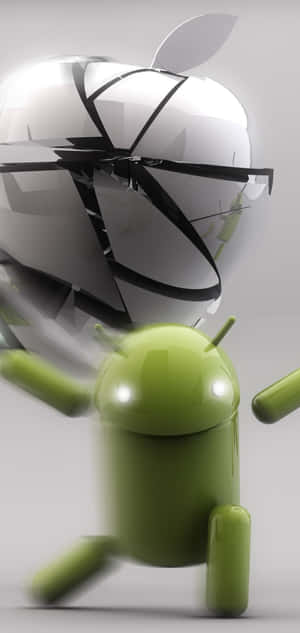 綠色Android吉祥物跑過破碎的Apple標誌。