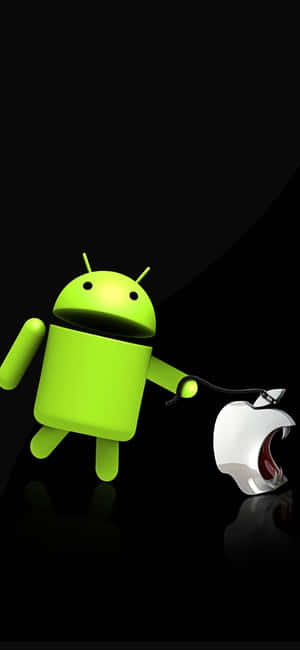 綠色Android吉祥物喺黑色背景上拉動一個被咬過嘅Apple標誌。 — 銀河A07s 壁紙