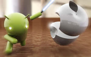 Android吉祥物在3D數位場景中揮舞光劍對抗漂浮的Apple標誌。