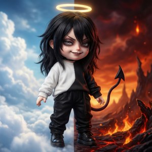 帶天使光環和惡魔尾巴的小孩站在天堂與地獄之間