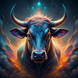 一頭藍色公牛，長著發光的角，在宇宙場景中被火焰和星星包圍。