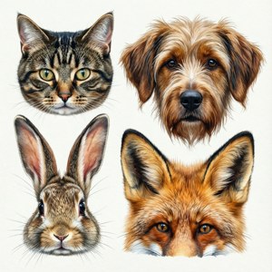四個動物頭像：貓、狗、兔子和狐狸的網格插圖