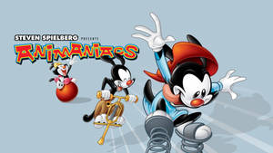 三個 Animaniacs 角色帶著快樂的表情和運動線條奔跑。
