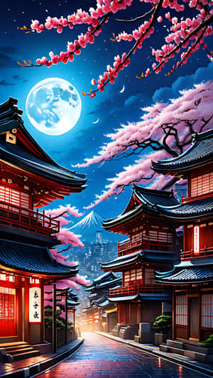 櫻花盛開在月光下的日本街道上，傳統建築和遠山相伴。