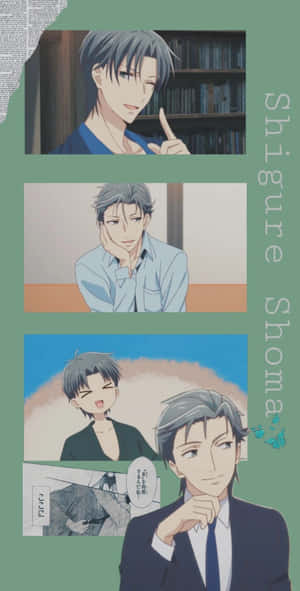 動漫角色 Shigure Shoma 在四個表情豐富的畫面中，帶有漫畫和書架元素。 — Pixel Fold 壁紙