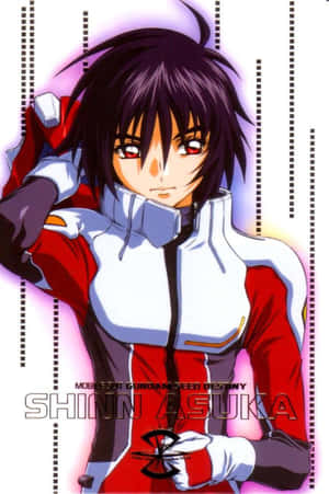 來自《機動戰士高達SEED DESTINY》的真·飛鳥身穿紅白飛行員服，背景為發光的紫色。 — 小米18 Fold 壁紙