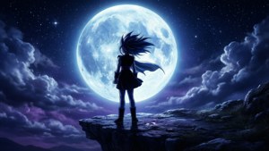 動漫角色在夜晚站在懸崖上，下方是巨大的月亮