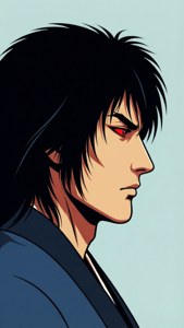 動漫男性角色，紅眼黑髮，側面輪廓。