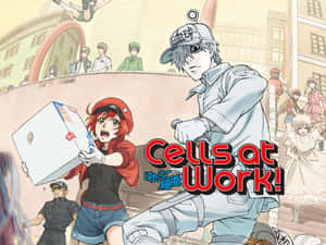 動漫角色身穿醫療制服，在城市景觀中穿梭，標題為『Cells at Work!』。