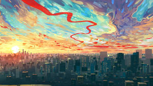 動漫城市天際線在夕陽下，色彩繽紛的漩渦雲彩和發光的建築物。