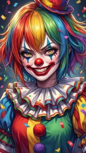 一個彩虹髮和彩色服裝的小丑，被五彩紙屑包圍。