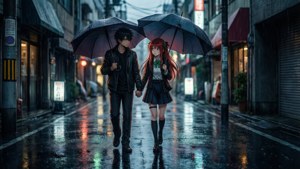 動漫情侶撐傘在雨夜的城市街道上行走。