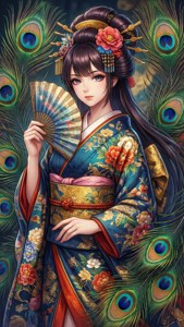 藝妓穿著華麗和服，配以孔雀羽毛和扇子