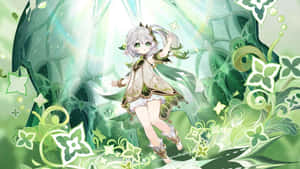 動漫女孩在閃爍的綠色魔法森林中與藤蔓和花朵跳舞。 — 淺綠色美學動態圖 壁紙