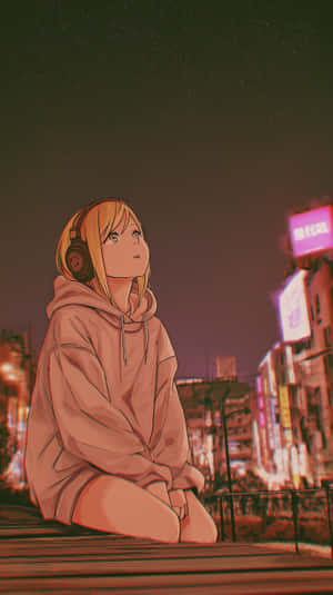 動漫女孩穿著粉紅色連帽衫和耳機坐在屋頂上晚上仰望城市燈光之上的星星