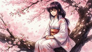 穿著和服的動漫女孩坐在櫻花樹下，花瓣飄落。