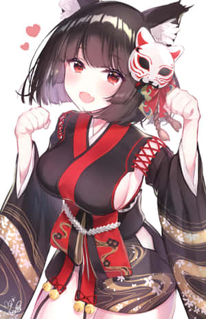 身穿和服的動漫女孩手持狐狸面具，漂浮著心形。 — 角落生物 壁紙