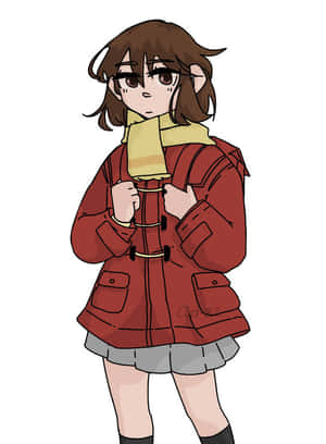 動漫女孩穿著紅色大衣和黃色圍巾，雙手放在鈕扣上站立。 — HMD Terra M 壁紙