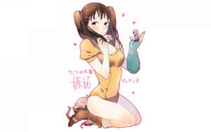 動漫女孩身穿黃色連衣裙跪著，抱著一個小娃娃，漂浮的心形。 — Steam Deck OLED 壁紙