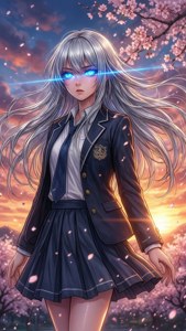 夕陽下櫻花樹旁，穿著校服的藍眼動漫女孩