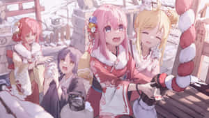 四個動畫女孩穿著冬季和服，在雪地神社與貓咪玩耍。