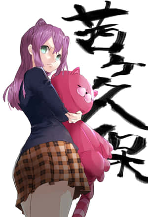 紫髮動漫女孩在黑色筆觸漢字旁抱著粉紅色貓咪毛絨玩具。 — 可愛動漫女仔 壁紙