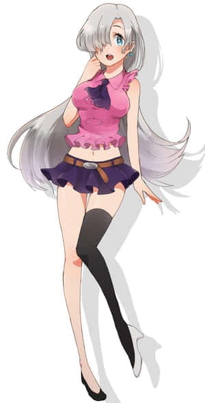 銀髮動漫少女，身穿粉紅色上衣和紫色裙子，搭配黑色過膝襪。 — Pixel Fold 壁紙