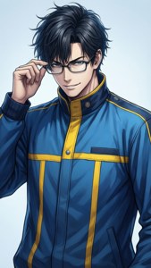 動漫男子穿著藍黃色外套，微笑著調整眼鏡。