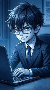 年輕動漫男子穿西裝戴眼鏡在藍色燈光辦公室微笑打字