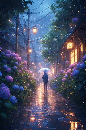 一個人在雨中巷子裡撐傘獨行，周圍有紫色花朵和發光燈籠