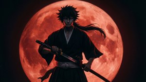 動漫武士戰士在血紅月亮下手持武士刀。