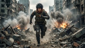 動漫士兵在轟炸後的城市中奔跑，身後有爆炸。