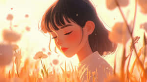 閉上眼睛的動漫女孩坐在陽光明媚的草地和花叢中