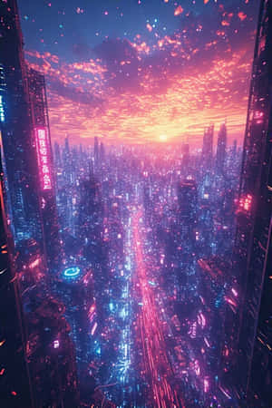 日落時分的未來主義城市天際線，霓虹燈光和高聳的摩天大樓閃爍著粉紅和藍色光芒。