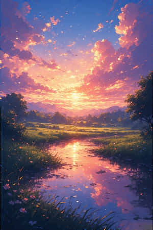 寧靜的夕陽，鮮豔的粉紅色和橙色雲彩倒映在平靜的溪流中，周圍環繞著草地和鮮花。