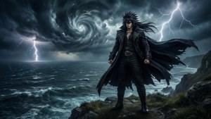 動漫戰士身穿黑色外套，在雷暴中站在懸崖上，閃電劃過海洋。