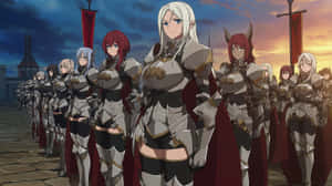 身穿銀色盔甲和紅色斗篷的動漫女戰士在黃昏時分列隊。