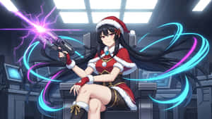 動漫女孩穿著紅色聖誕老人服裝在未來控制室發射能量槍