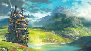 蒸氣龐克飛船、草地、湖、山、雲 — 放大 壁紙