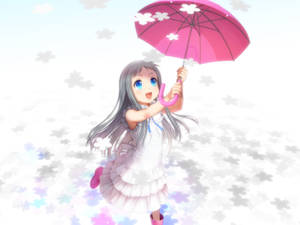 灰髮動畫女孩在漂浮花田中拿著粉紅花傘。 — 粉紅動漫美學 壁紙