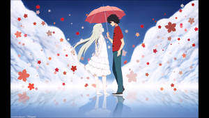 一對情侶在雪景中共享雨傘，櫻花飄落。 — 崔宇植 GIF 壁紙