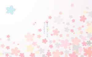 喺淺色背景上，帶有日文文字嘅漂浮粉彩櫻花。 — 低對比度 壁紙