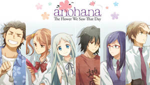 來自 Anohana 的六個動漫角色在花卉橫幅下一字排開。