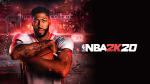NBA 2K20封面，展示一位籃球運動員在霓虹燈照亮的城市環境中拿著一個球。