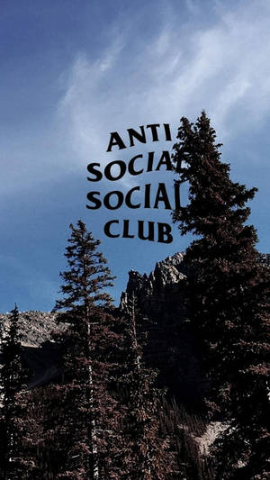 粗體黑色文字寫著 anti social social club 在松樹和山脈上方。